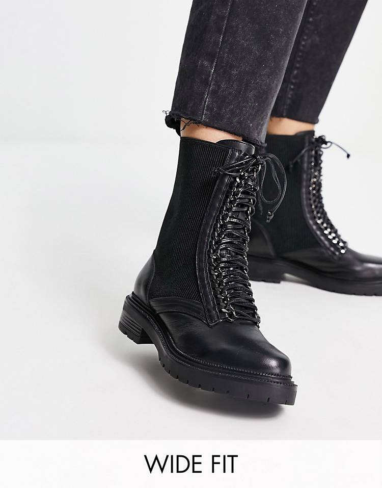Simply Be Wide Fit leather pull on chelsea flat ankle boots with cleated sole in black